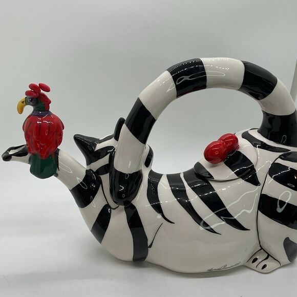 Blue Sky Clancy Heart Striped Cat Teapot with Parrot Accent - Picture 4 of 9